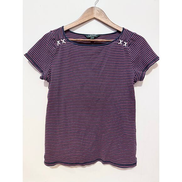 Lauren Ralph Lauren Women's Top, Red/Blue Striped Criss Cross Size L - Picture 1 of 7